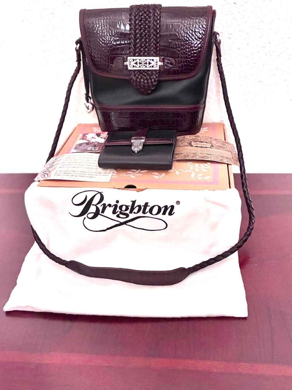 Brighton Cheryl Brown & Black Braided-Trim Crossbody With Matching Wallet